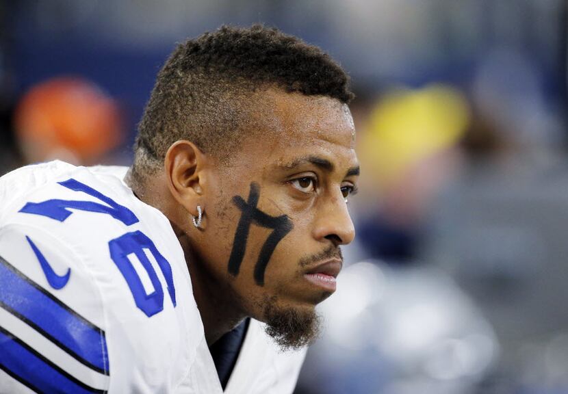 FILE - In this Nov. 1, 2015, file photo, Dallas Cowboys defensive end Greg Hardy watches...