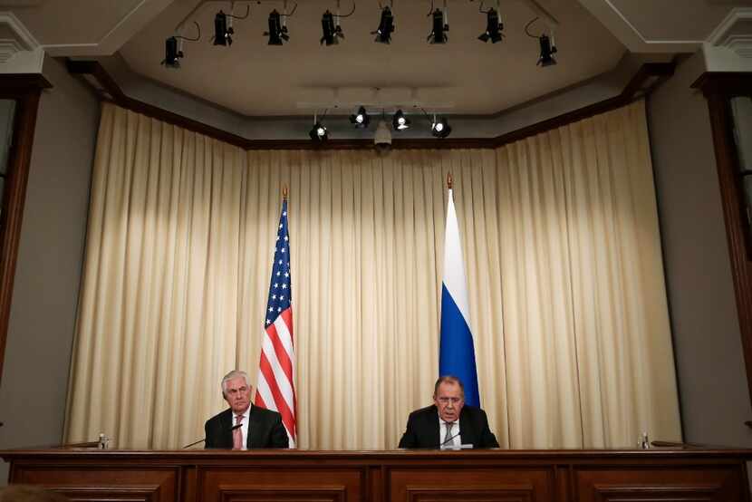Russian Foreign Minister Sergey Lavrov, right, and US Secretary of State Rex Tillerson...