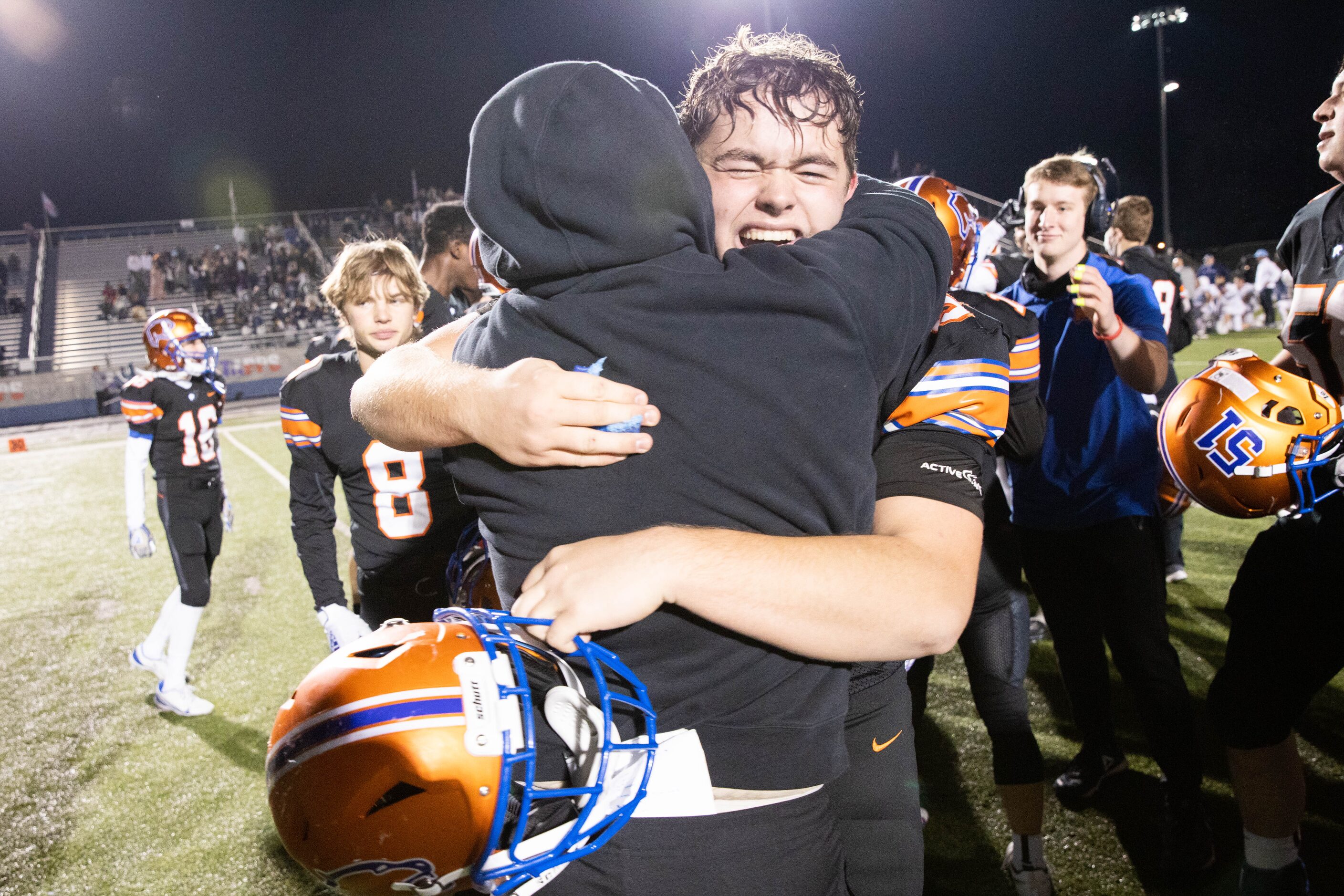 Colleyville Covenant's Samuel Hurlburt (54) celebrates winning the TAPPS Division III state...