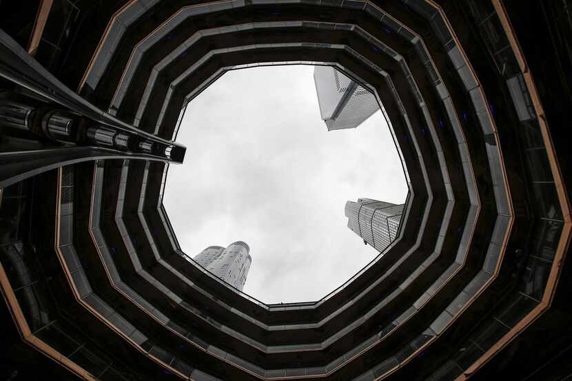 A view looking up inside 'The Vessel,' a public art structure consisting of 155 flights of...