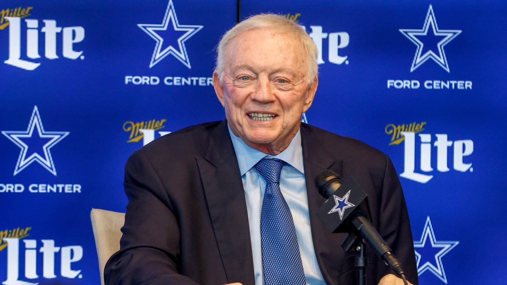 Dallas Cowboys owner, president and general manager Jerry Jones speaks to reporters during...