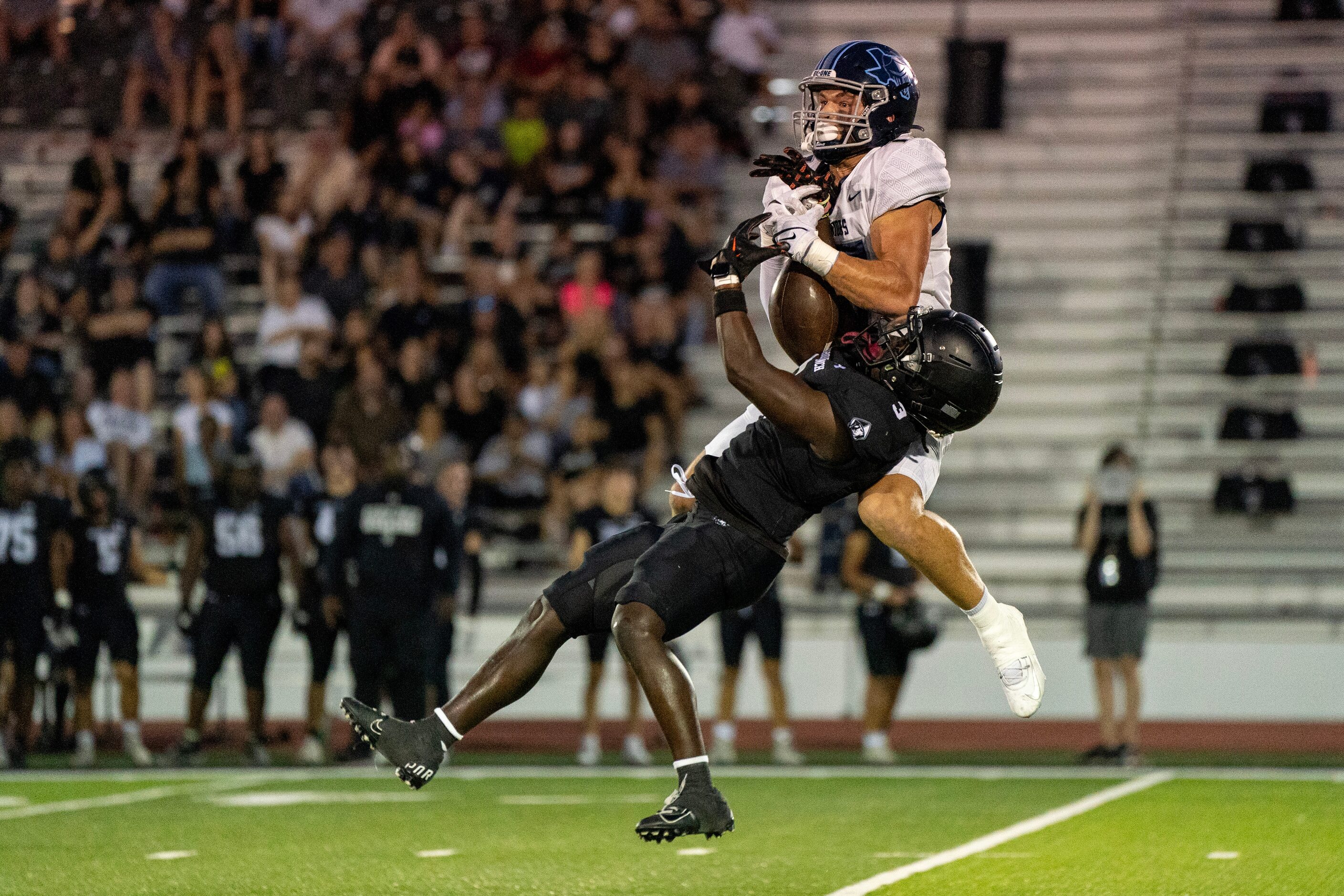 Argyle Liberty Christian freshman defensive back Cooper Witten (17) grabs an interception...