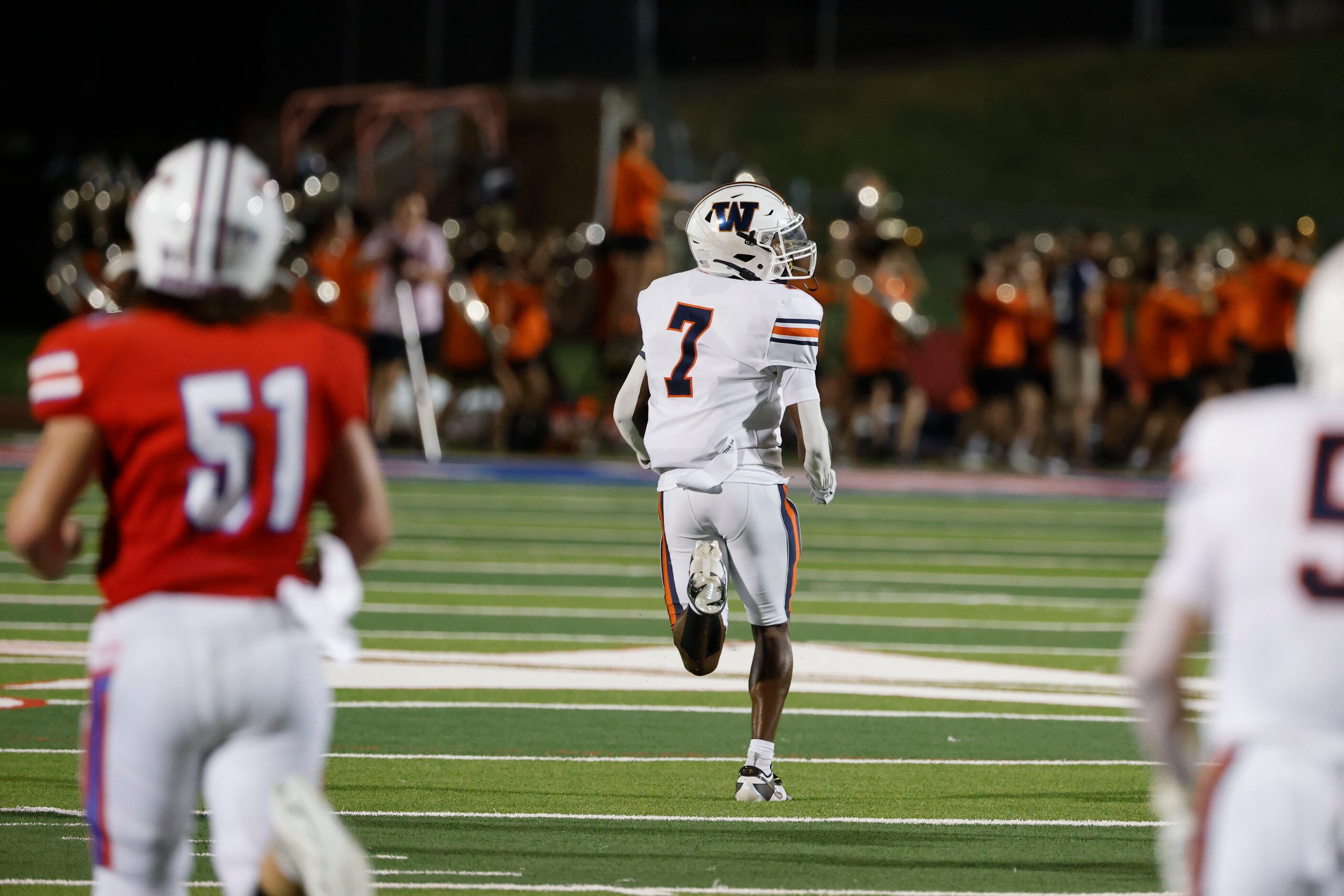 Frisco Wakeland’s Trent McDaniel (7) runs an interception 96 yards for a touchdown against...