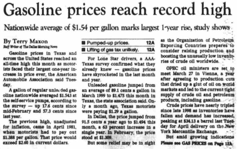 In March 2000, the national average price for gasoline reached a record high of $1.54 per...