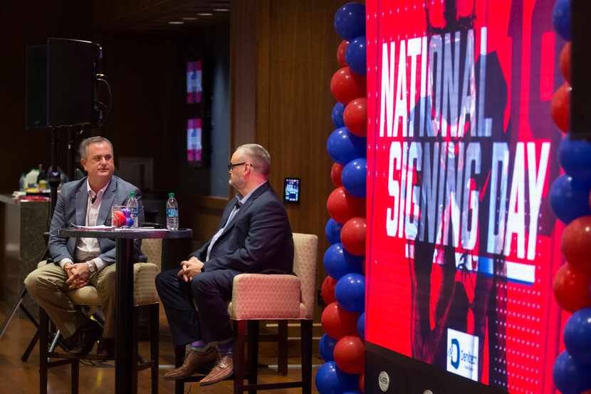 Sonny Dykes, Southern Methodist University Mustangs football head coach, left, and Rich...