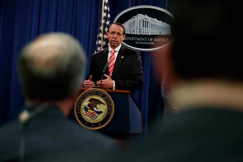 Deputy Attorney General Rod Rosenstein speaks during a news conference at the Department of...