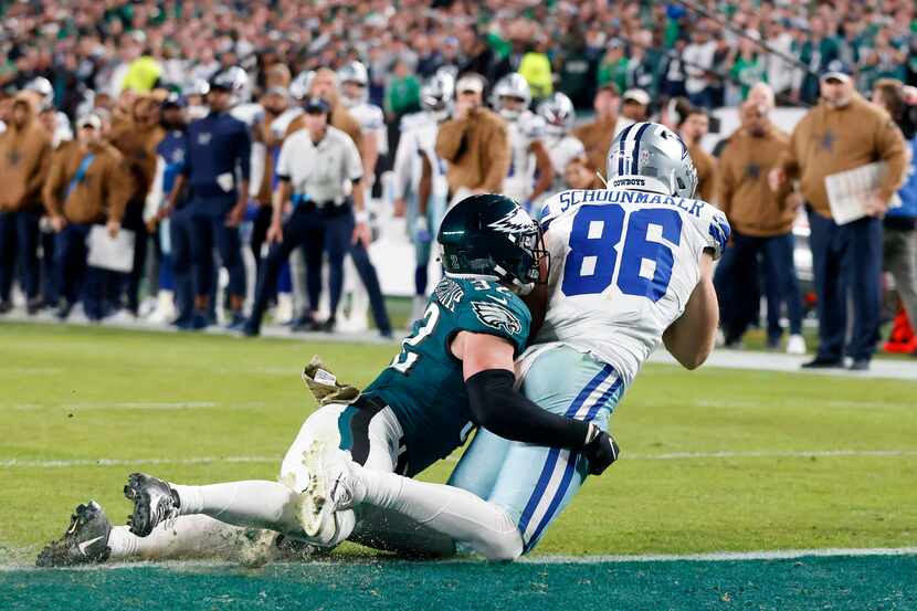Dallas Cowboys tight end Luke Schoonmaker’s (86) knee is down on the goal line but the ball...
