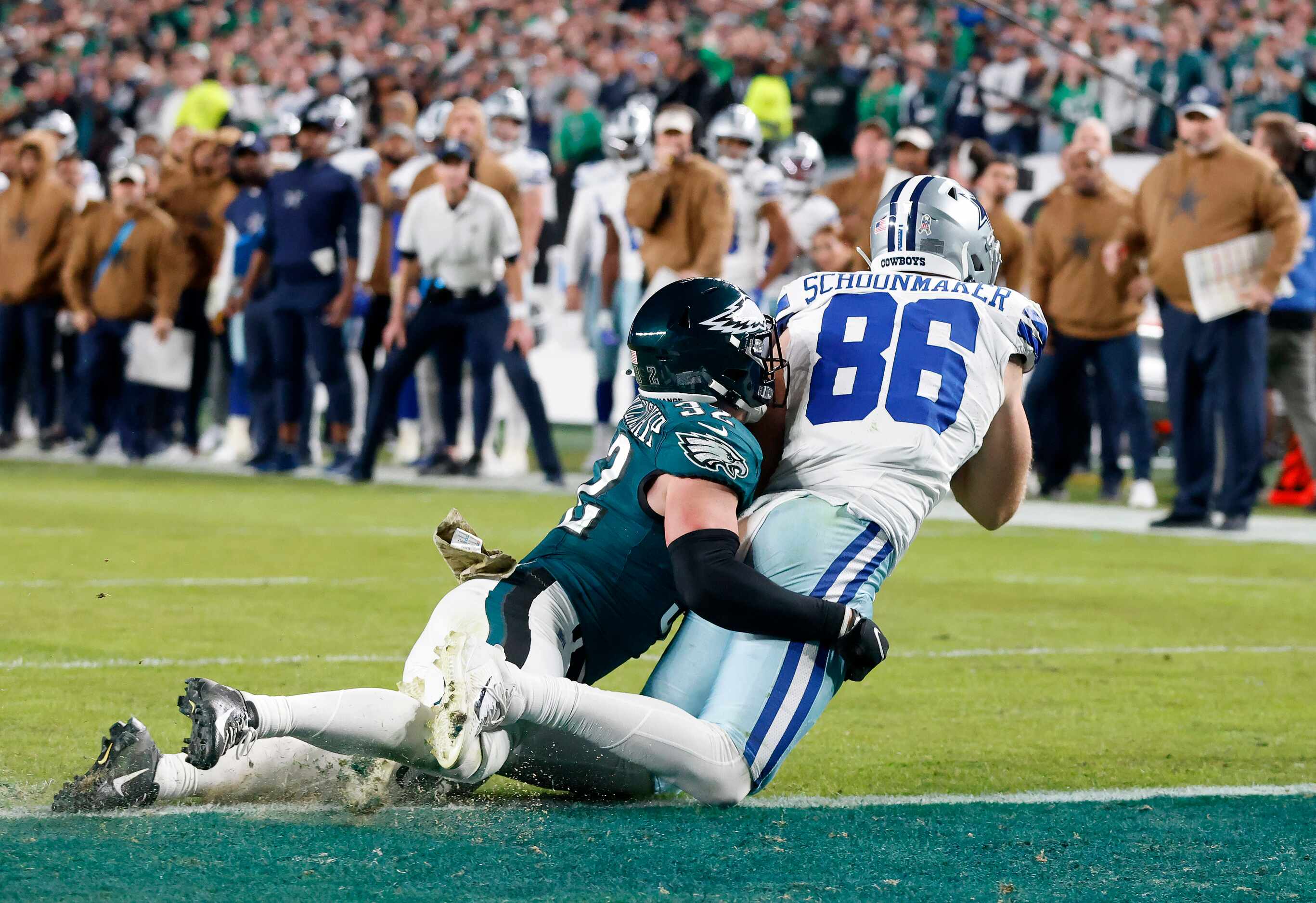 Dallas Cowboys tight end Luke Schoonmaker’s (86) knee is down on the goal line but the ball...