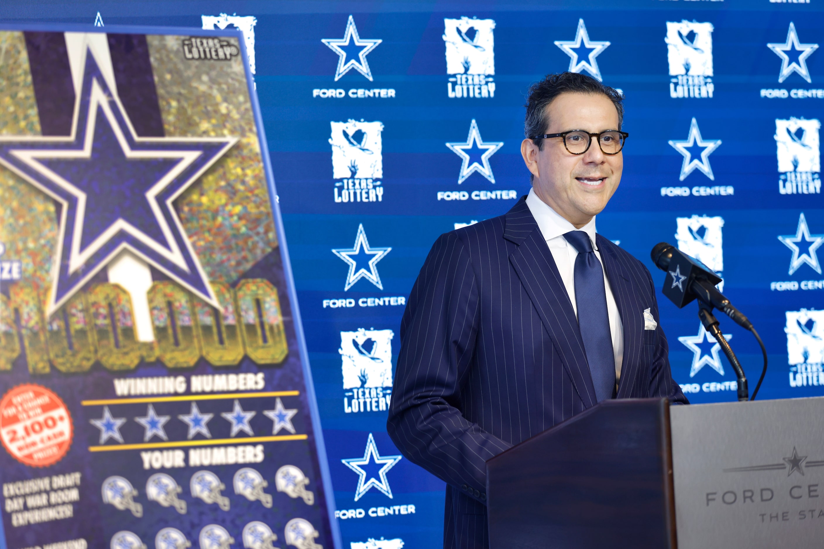 Texas Lottery Chairman Robert G. Rivera addresses the media as he held a joint press...