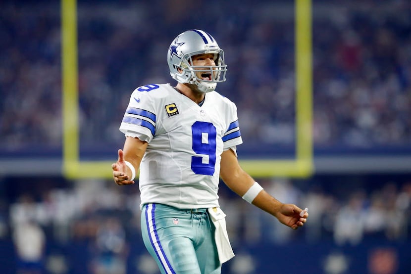 Dallas Cowboys quarterback Tony Romo (9) yells out to an official for a call during the...