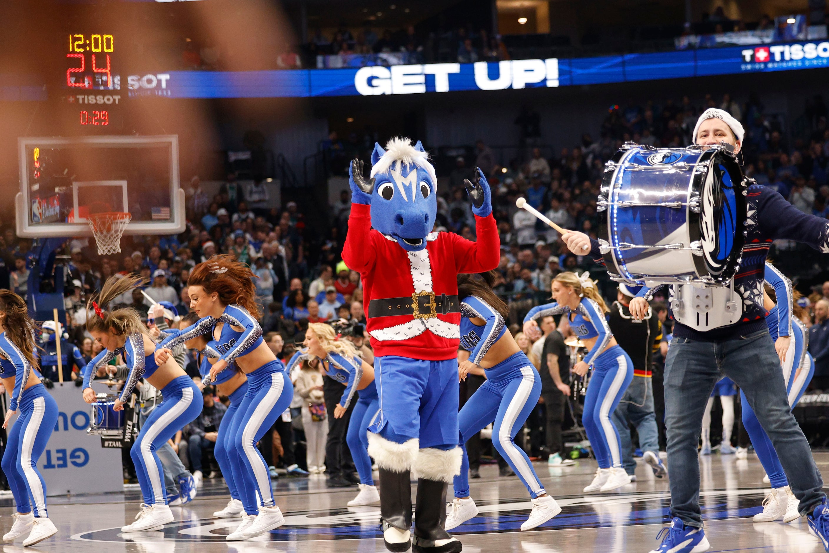 Dallas Mavericks mascot Champ performs before an NBA basketball game against the Minnesota...