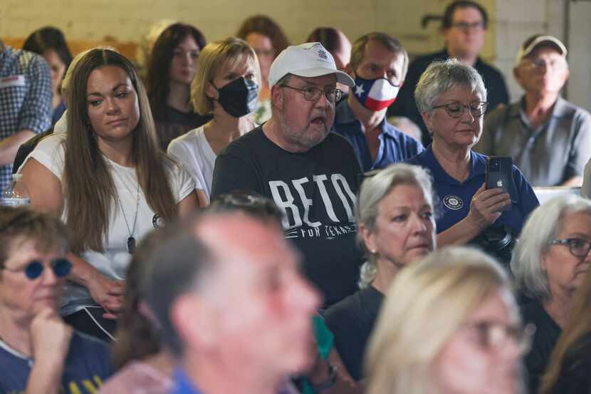 Crowd members listen and react to Beto O'Rourke speaking on Thursday, April 21, 2022 at 903...