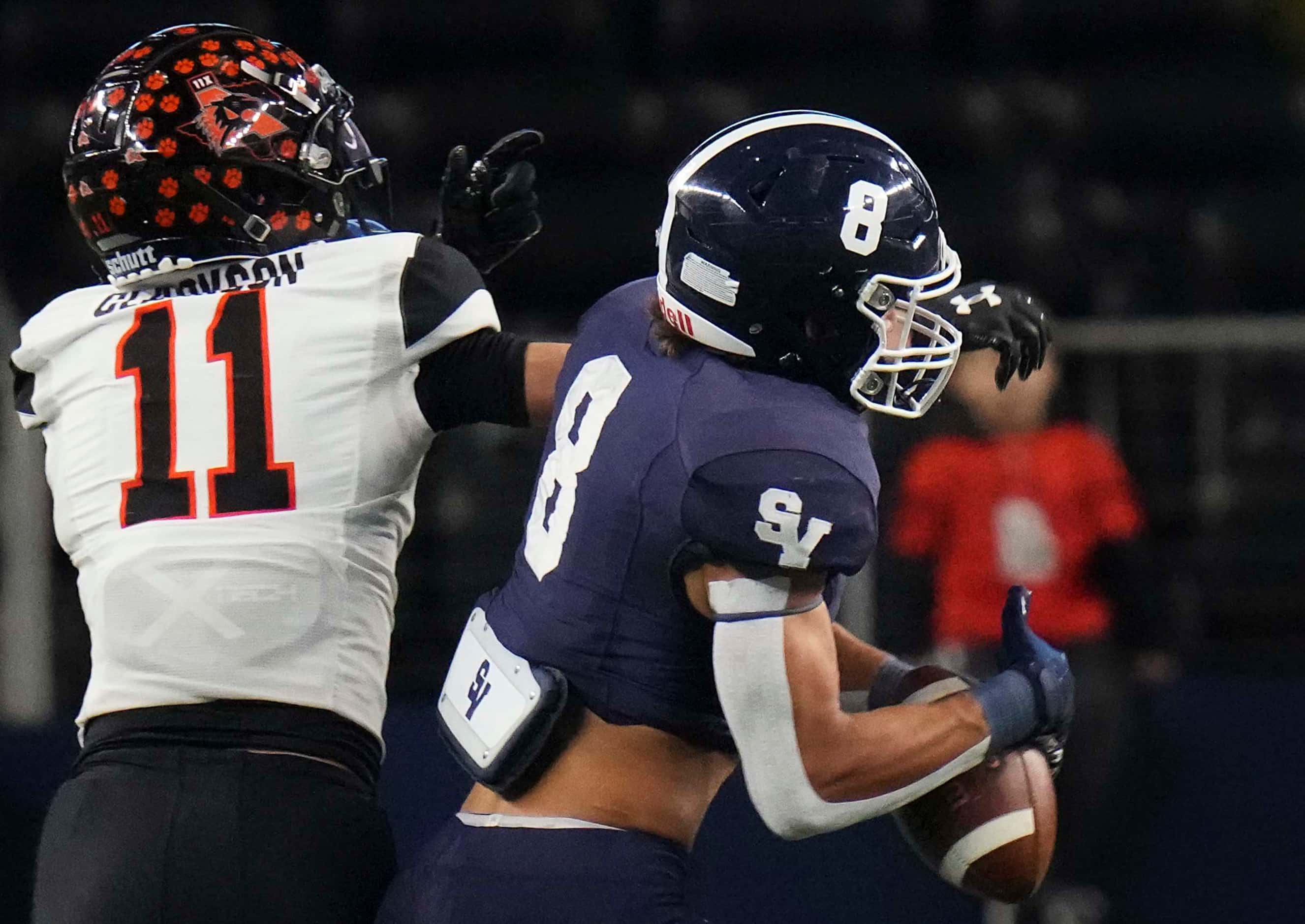 Comal Smithson Valley defensive back Zach Gingrich (8) intercepts a pass intended for Aledo...