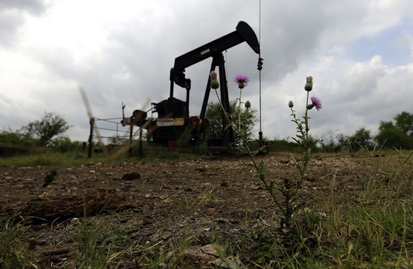 In this Friday, May 13, 2016, photo, a pump jack sits idle on a South Texas ranch near...