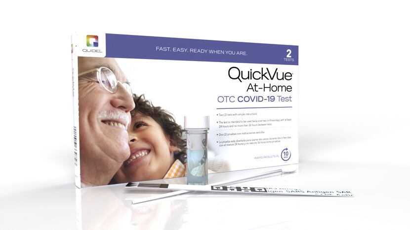 The QuickVue At-Home OTC COVID-19 Test Package made by Quidel.