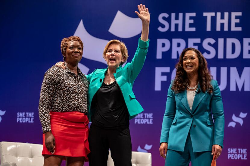 (L-R) MSNBC host Joy Reid, Democratic presidential candidate Sen. Elizabeth Warren, D-Mass.,...