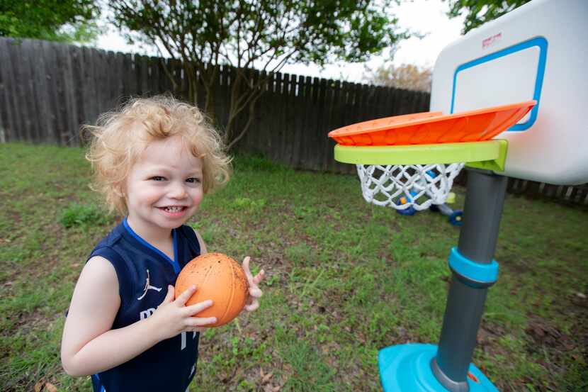 Luka Miller, 2, named after Dallas Mavericks’ guard Luka Doncic, plays basketball in his...