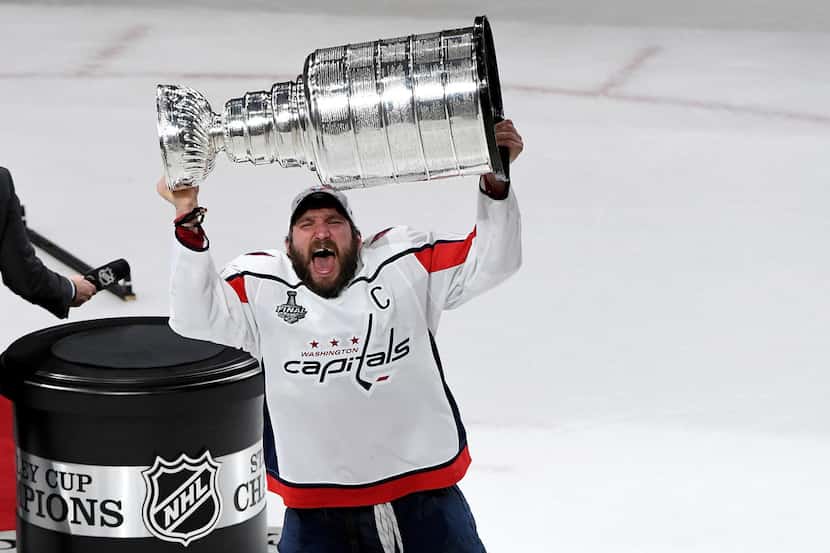 LAS VEGAS, NV - JUNE 07:  Alex Ovechkin #8 of the Washington Capitals hoists the Stanley Cup...