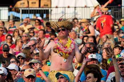 A fan dressed in grass skirt and coconut bra dances to Jimmy Buffett songs at Toyota Stadium...