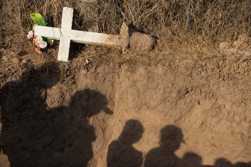 Anthropology students from Texas State University look down into the grave site of...