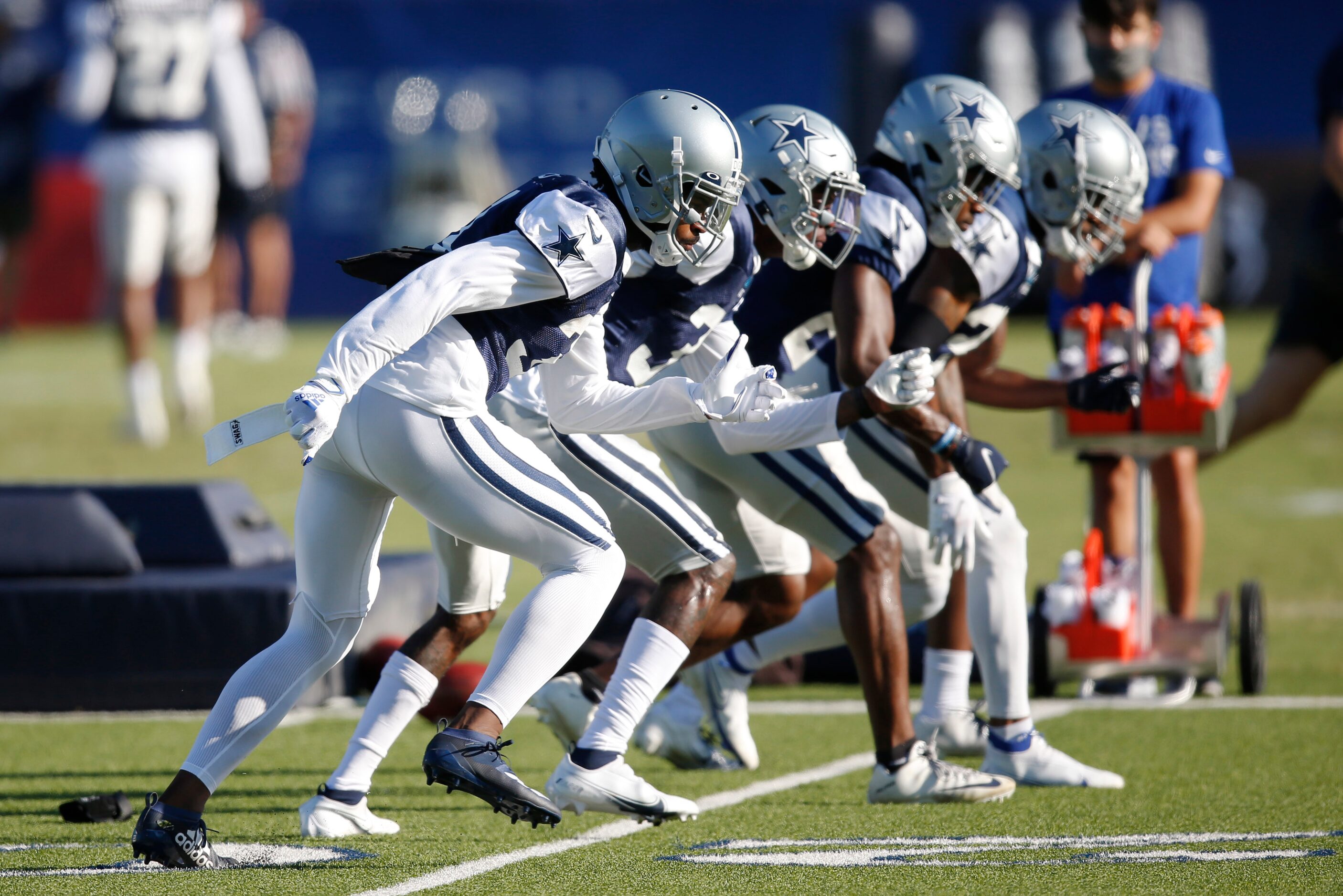 Dallas Cowboys cornerback Trevon Diggs (31) runs a drill with the cornerbacks during...