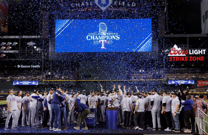 The Texas Rangers baseball organization celebrates their World Series win over the Arizona...