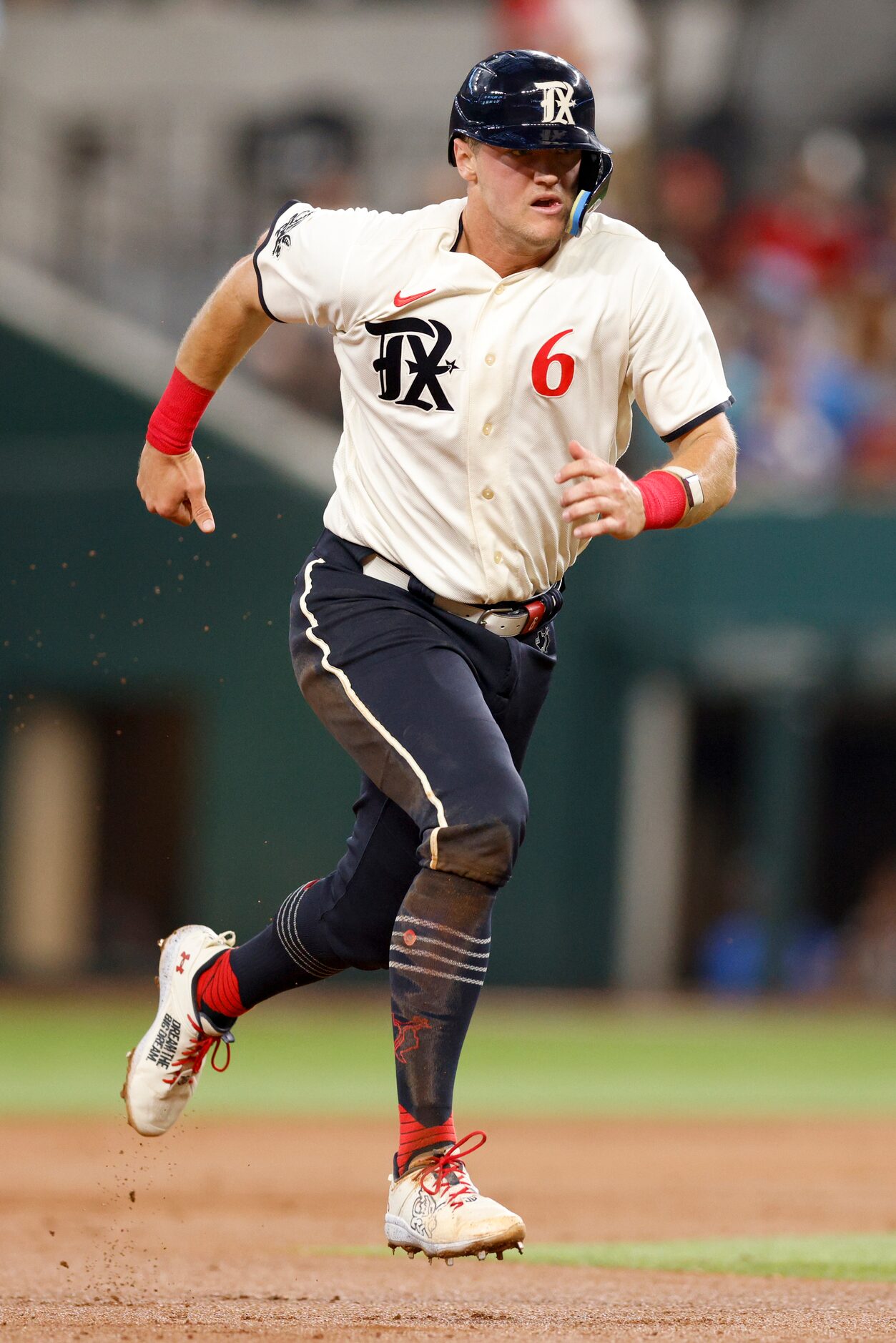 Texas Rangers third baseman Josh Jung (6) advances to third base during the second inning of...