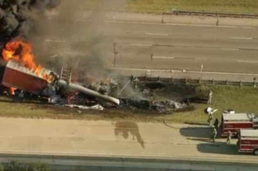An NBC5 helicopter crew captured an overhead image of a truck burning on Interstate 20 in...