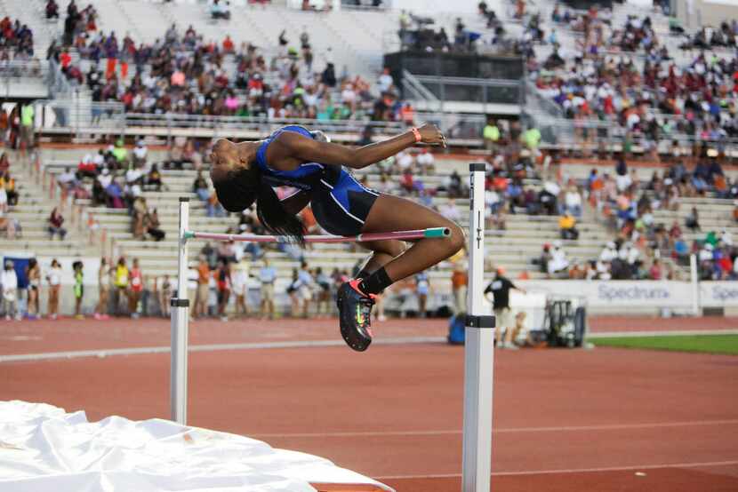 Byron Nelson's Sanaa Barnes attempts a jump in the girls high jump during the 2017 Texas...