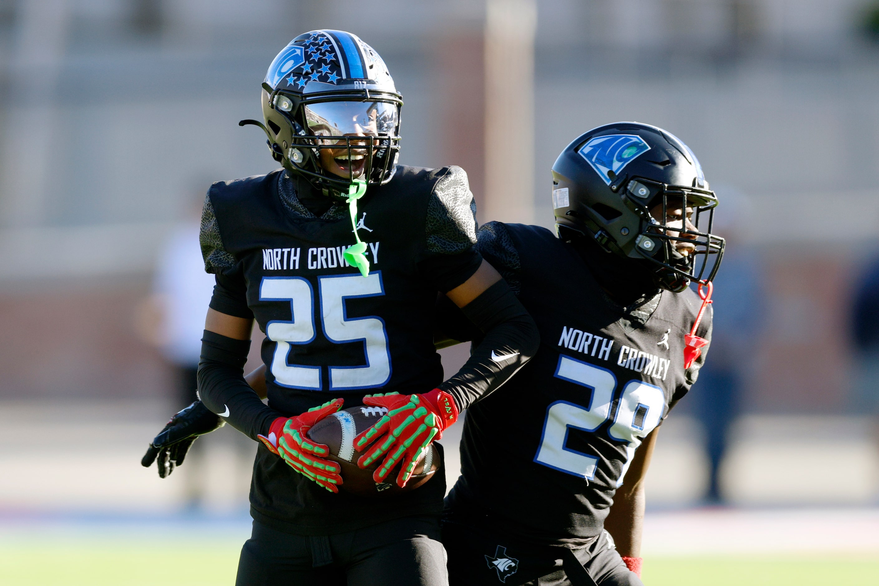 North Crowley defensive back ChrisAnthony Armstrong (25) celebrates after recovering an...