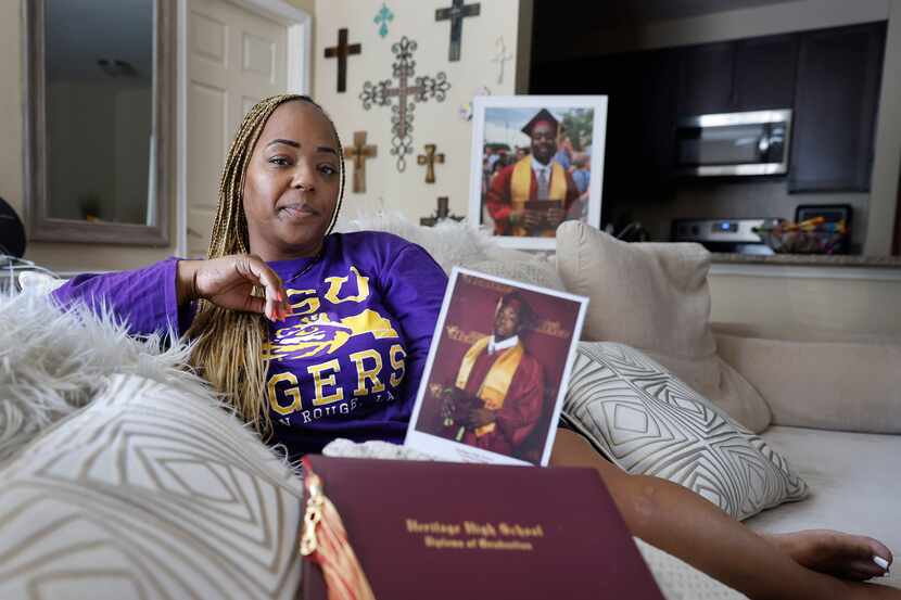 Dreika Harris, photographed in her Frisco apartment with her son Dontrell's high school...