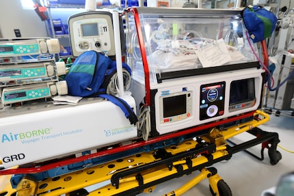 A transport incubator at the Children’s Health airport hangar at Love Field in Dallas,...