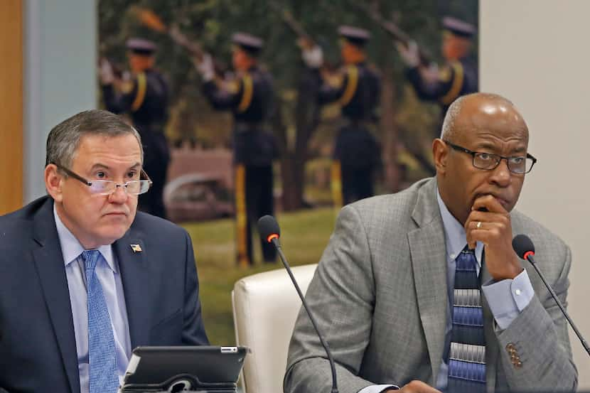 Chairman Sam Friar (right) and Vice Chairman Ken Haben listen to the discussion about the...