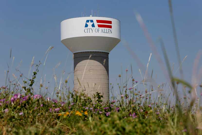 A City of Allen water tower near Prestige Circle and Bethany Drive in Allen, Texas.