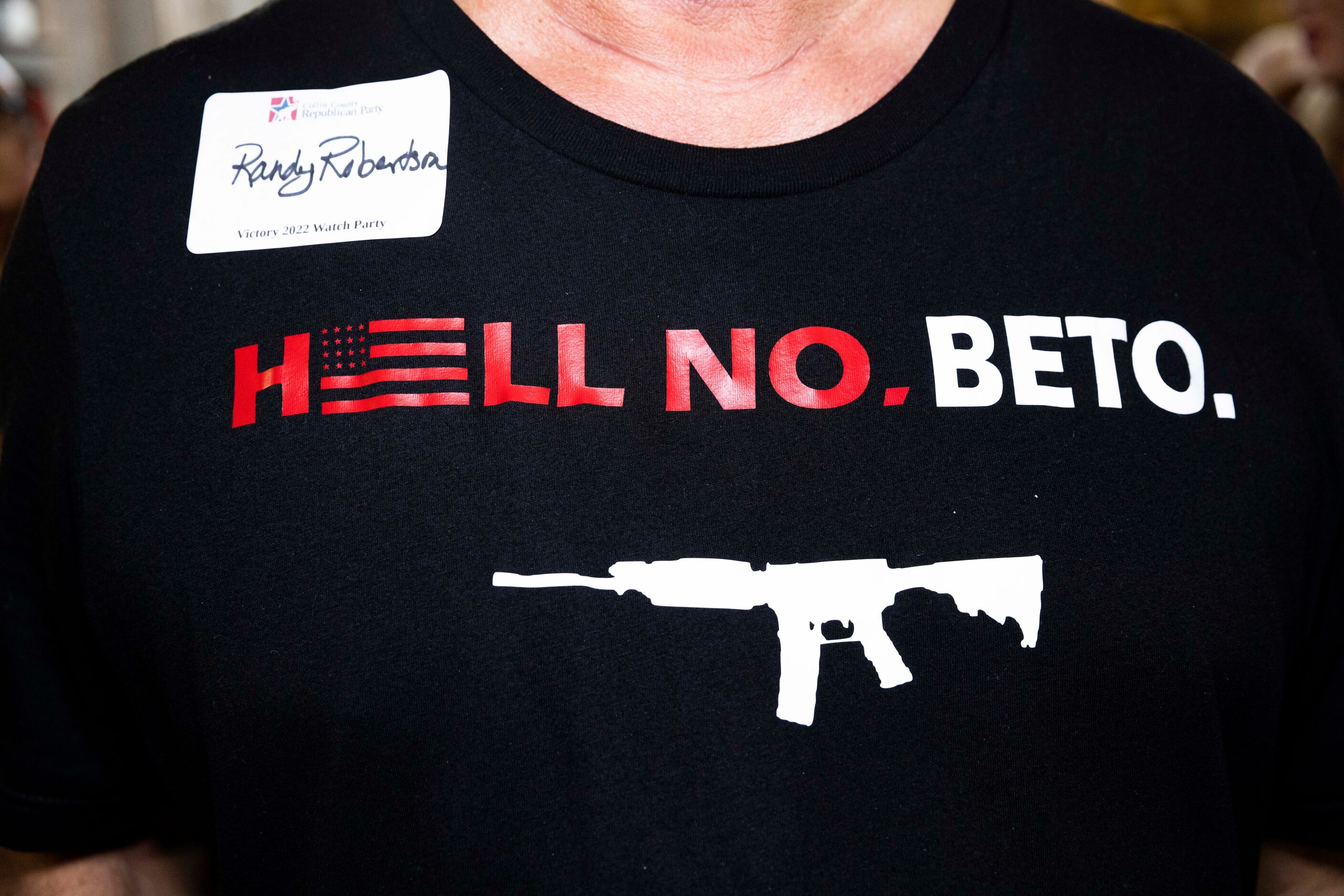 Randy Robertson of McKinney wears a “Hell no, Beto” shirt during a Collin County GOP...