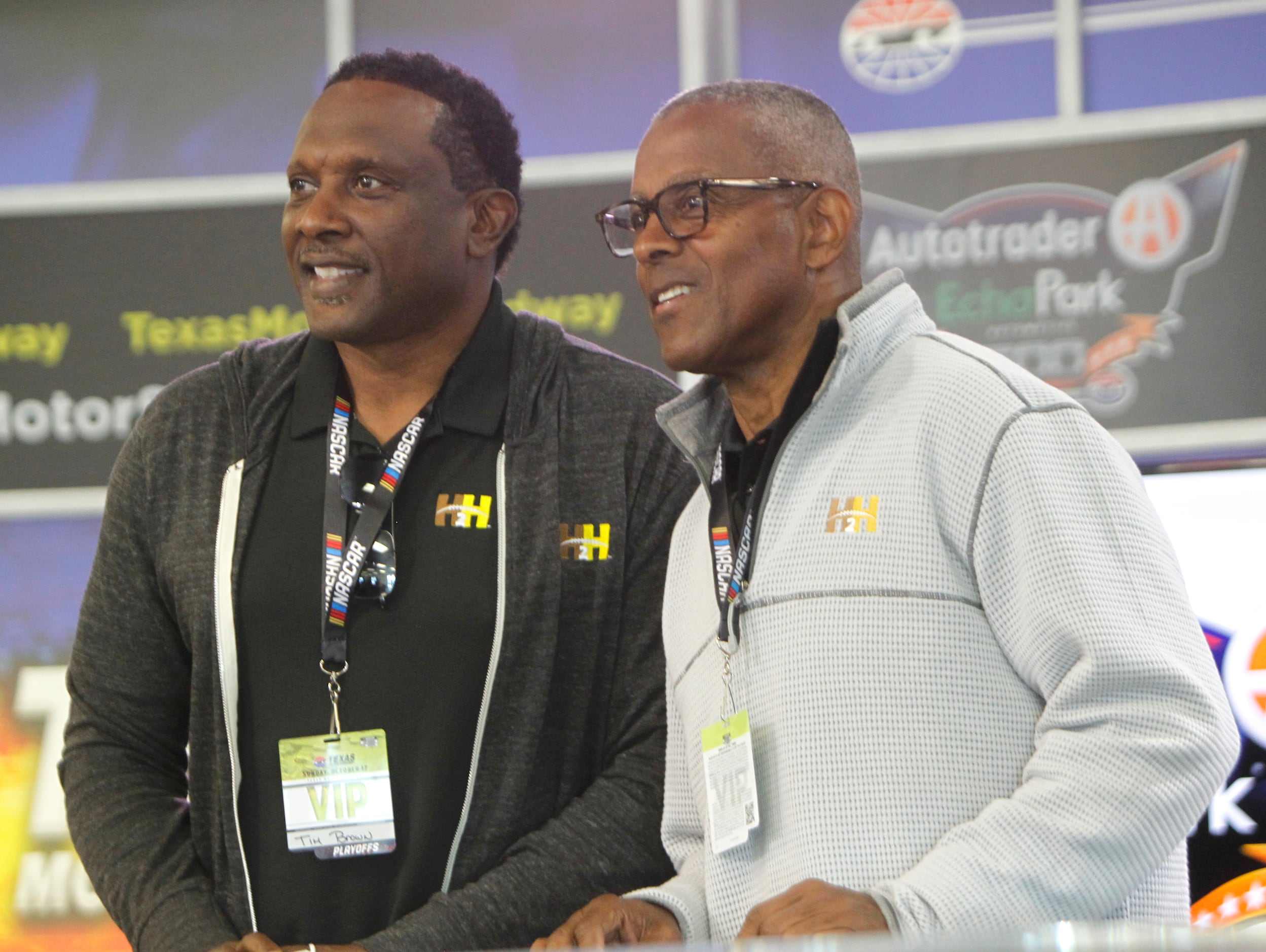 National Football League hall of fame players Tim Brown, left, and Tony Dorsett are...