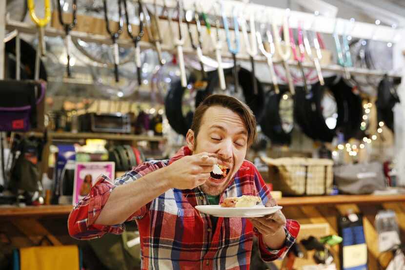 
Transit Bicycle Co.’s Max Rasor digs into one of Shannon McDonough’s strawberry-rhubarb...