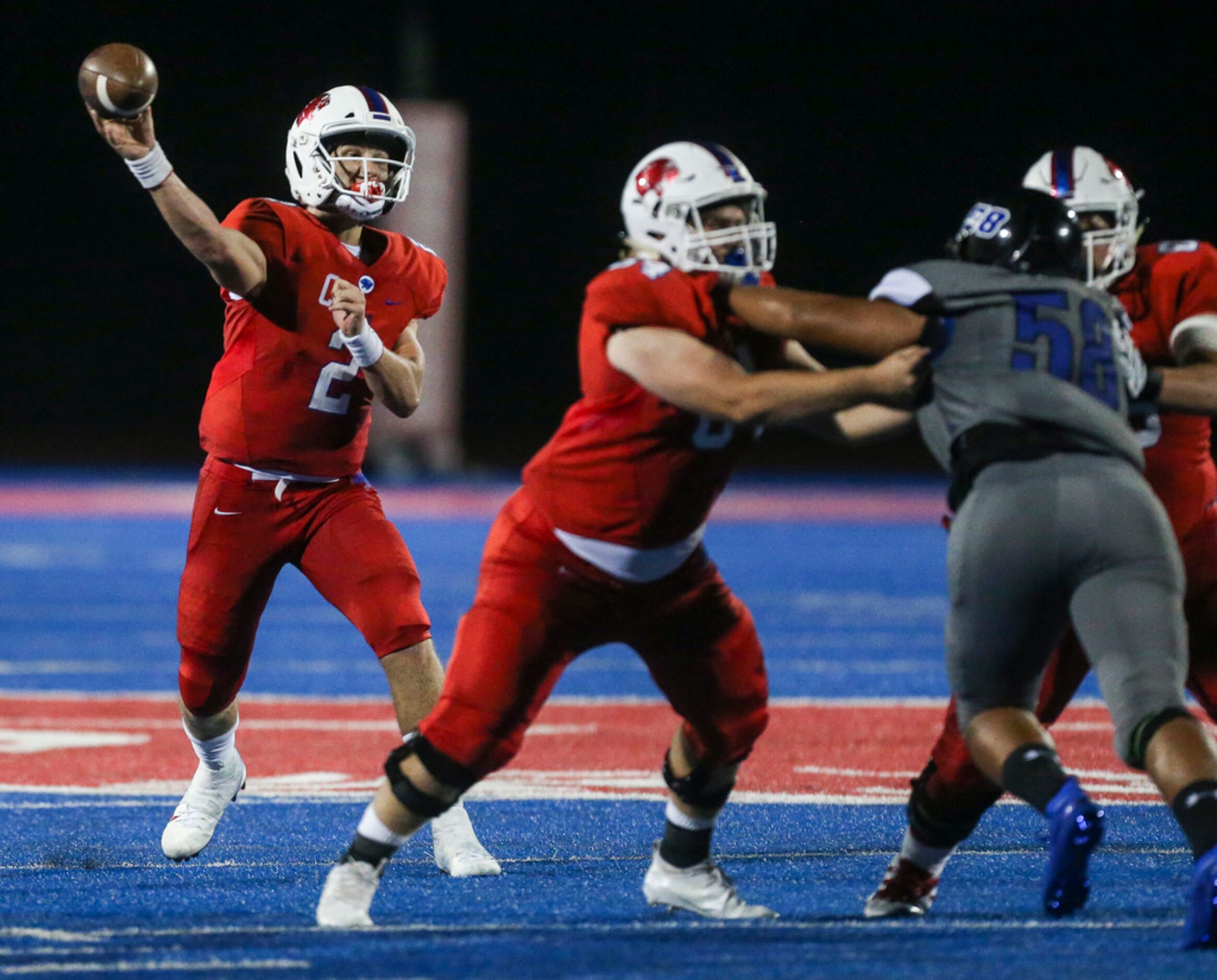 Parish Episcopal quarterback Preston Stone (2) fires off a pass during a high school...