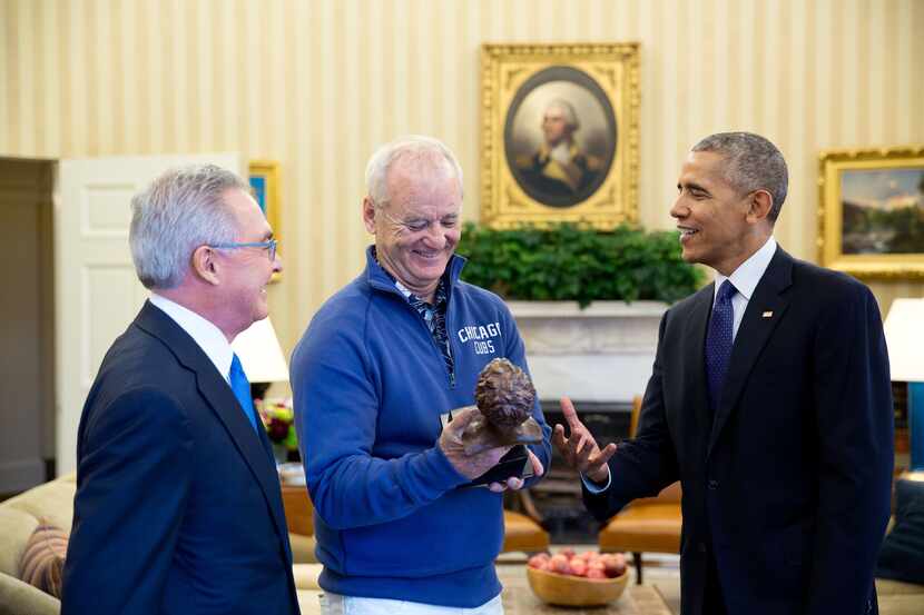Cappy McGarr, Bill Murray and President Barack Obama share a laugh in the Oval Office.