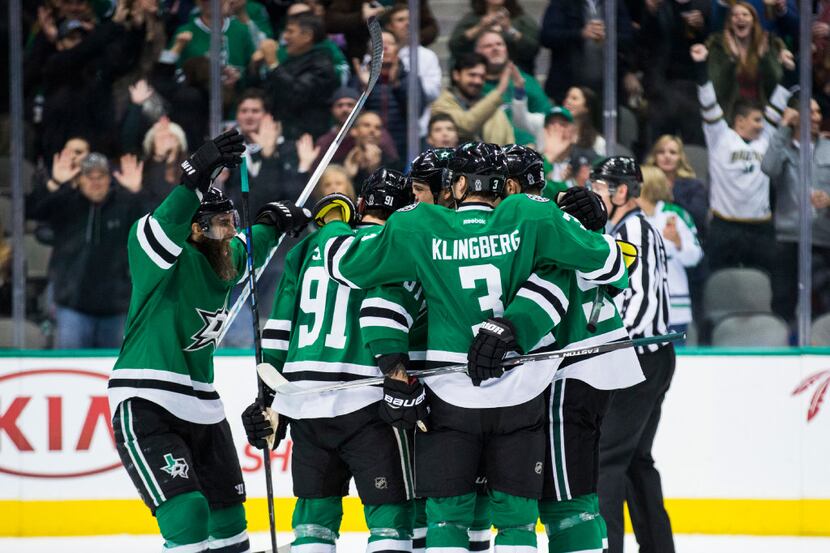 The Dallas Stars celebrate a goal during the second period of their game against the...