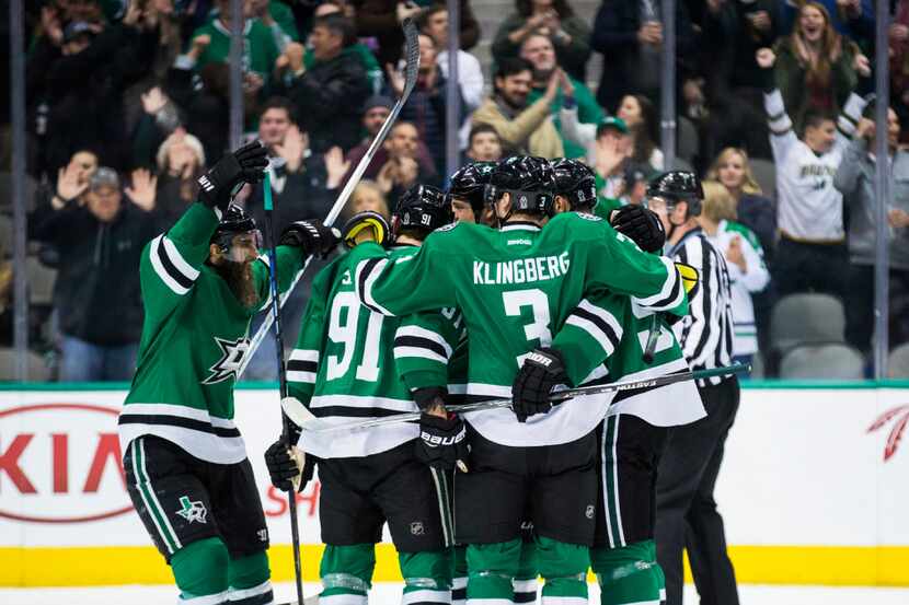 The Dallas Stars celebrate a goal during the second period of their game against the...