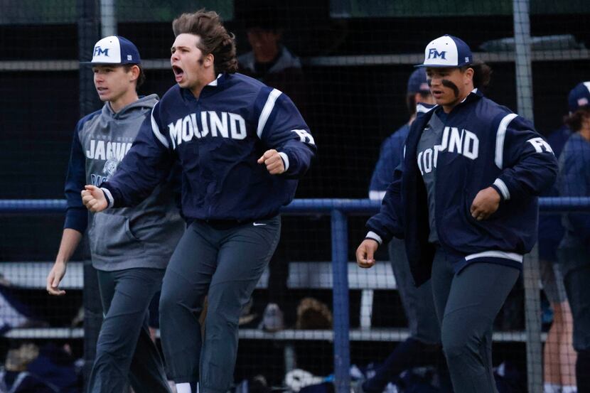 Flower Mound High players cheer during a baseball game against Hebron High at Hebron High in...