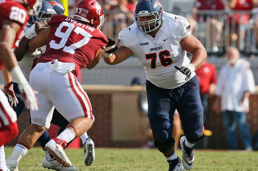 FILE - This Sept. 2, 2017 file photo shows UTEP's Will Hernandez (76) blocking against...