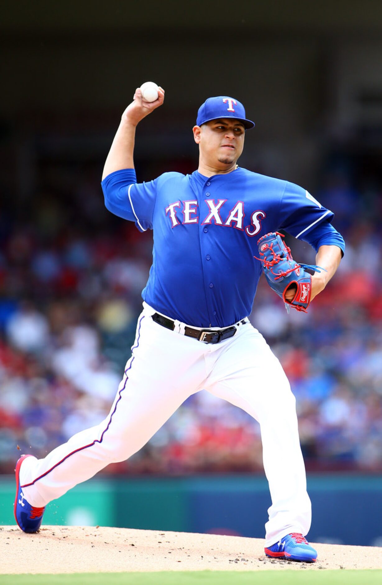 ARLINGTON, TX - JULY 14: Ariel Jurado #57 of the Texas Rangers pitches in the first inning...