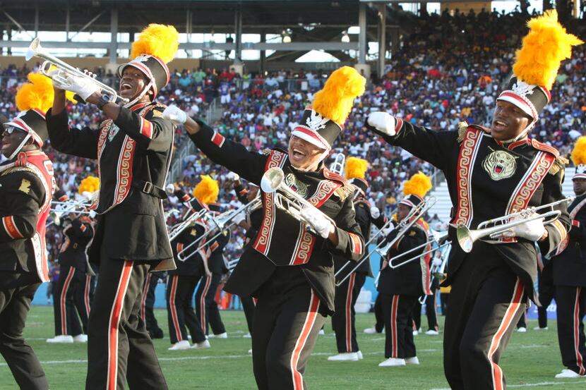 Members of the Grambling band perform during their high-energy halftime show at the annual...