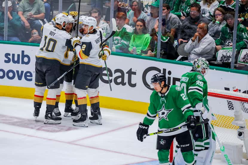 Vegas Golden Knights celebrate William Karlsson's goal against the Dallas Stars during the...