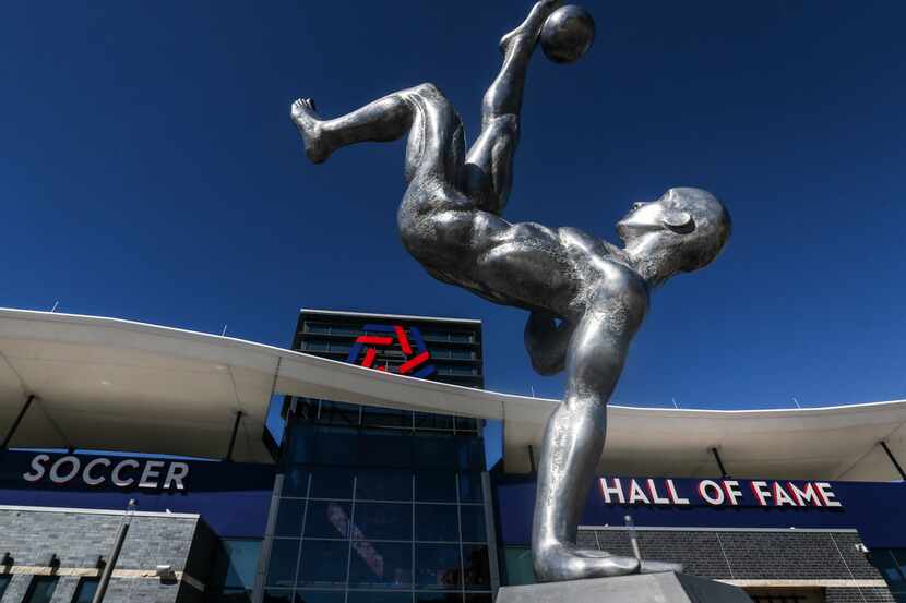The Kick statue graces the entrance to the National Soccer Hall of Fame, built into the...