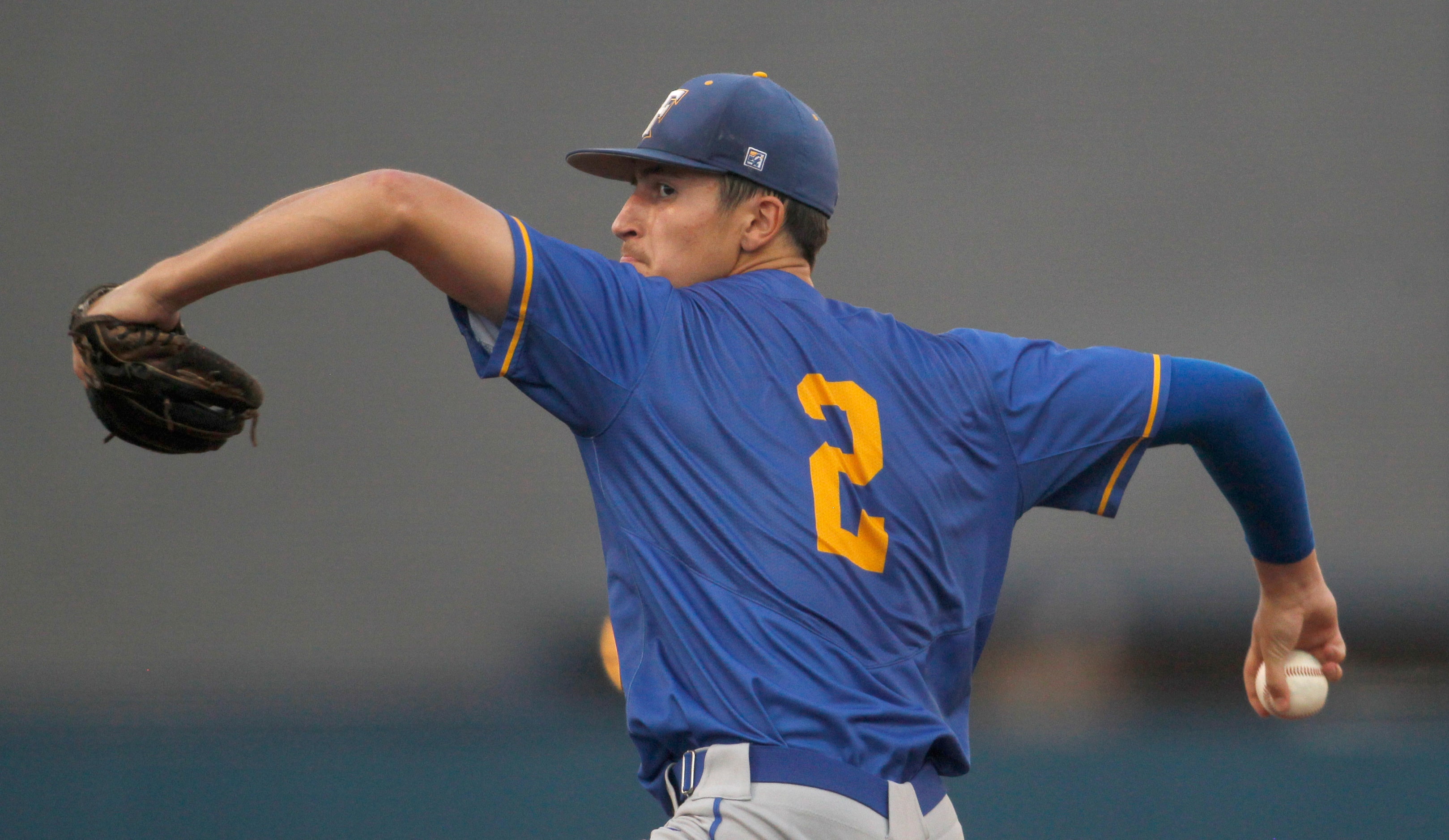 Frisco pitcher Michael Catalano (2) delivers a pitch to a Lucas Lovejoy batter during the...