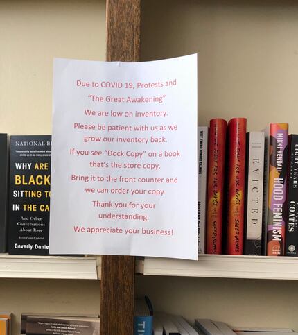 One of the signs put up by the Craddock sister in The Dock Bookshop. The signs call recent...