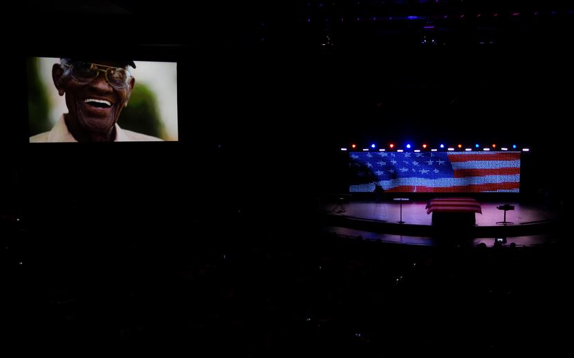 A photo of Richard Overton is displayed during a memorial service at Shoreline Church in...
